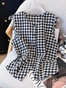 Franclia Chemise décontractée à col rond sans manches à carreaux et à simple boutonnage pour femmes, printemps/été - Noir et Blanc - Voir 5