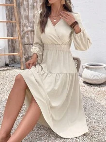 EMERY ROSE Rochie lungă casual de damă, cu mâneci bufante și decolteu în V, de culoare caisă - Caisă - Vizualizare 5