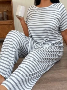 Lazeform Plus Size Striped Print Raglan Sleeve Casual Loungewear Pajama Set, Outfits - Light Grey - View 8