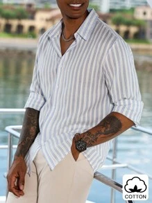 Manfinity Homme 男士纯棉修身基础款蓝白条纹衬衫，秋季款，复古风格，长袖上衣 - 藍白色 - 查看 4