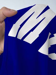 Maweii 大码女式夏季字母印花V领落肩宽松休闲T恤 - 藏蓝色 - 查看 3