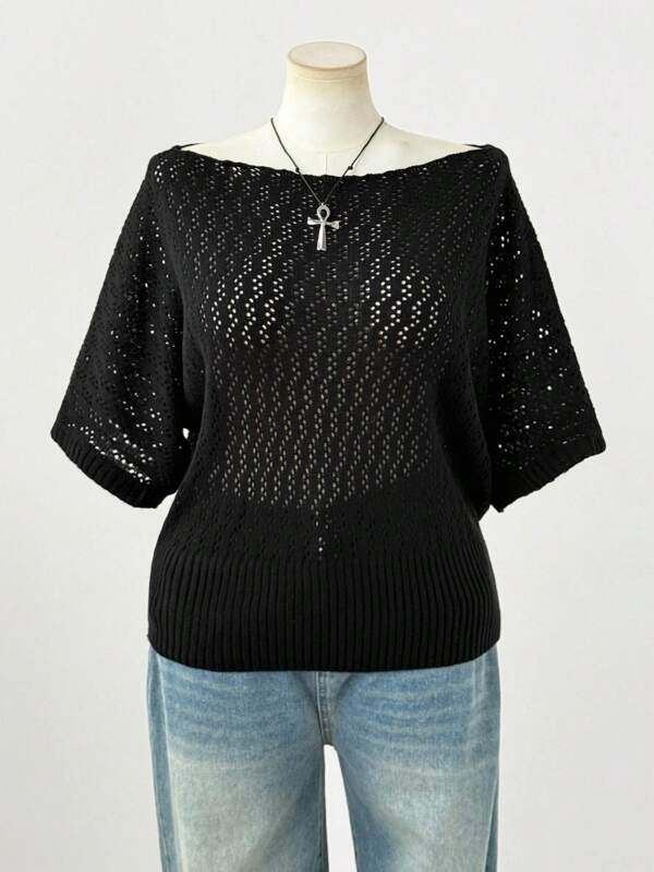 Sunspun 大码女式时尚优雅深色 Y2K 风格短袖针织上衣，适合春夏秋装，适合通勤