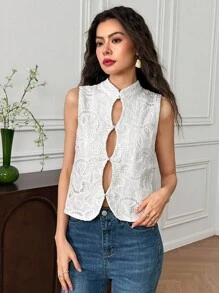 EastFlair 女式纯色刺绣立领无袖时尚背心，夏季 - 白色 - 查看 3