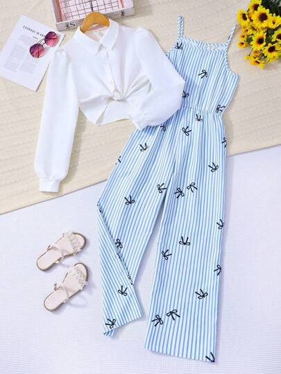 Teenage Girls' T-Shirt Set, Young Ladies' Fashion Casual Outfit - Blue & White Striped Jumpsuit With Printed Straps, Paired With White Shirt Jacket, Minimalist Commuter Style For Spring/Autumn