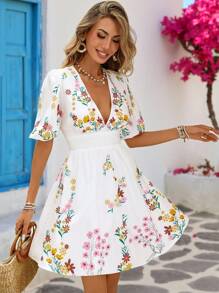 Vivid Eden Women's Summer Holiday Casual Floral Print V-Neck  Puff Sleeve  Short Dress,Summer Dresses For Women, Beach Outfits For Women,Vacation Outfits,Sun Dresses For Women, Boho Summer Dress Women, White Floral Dress Women, Women Vacation Dress, Summer Floral Dress - White - View 3