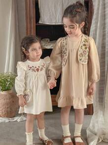 LMoss Kids LMoss  Baby Girl Woven Solid Color Embroidered Ruffle Sleeve Dress With Crossbody Bag - Beige - View 3