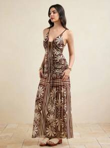 JIAN LASALA 复古印花网纱波西米亚风度假连衣裙，配有可调节肩带，女士长款连衣裙，棕色长款连衣裙，棕色印花长款连衣裙，棕色夏季连衣裙，棕色度假连衣裙，棕色图案长款连衣裙，约会之夜服装，女士婚礼宾客晚礼服，婚礼宾客奢华装扮 - 棕色 - 查看 6