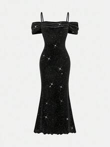 SHEIN 青少年女孩优雅纯黑色亮片天鹅绒露肩荷叶边袖合身美人鱼长裙、万圣节礼服、化妆舞会礼服、黑色长裙、仙女裙、万圣节派对礼服 - 黑色 - 查看 6