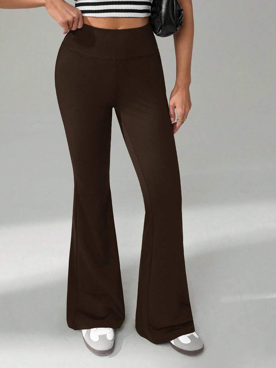 SHEIN Tall 女式休闲纯色高腰喇叭裤 - 棕色 - 查看 1