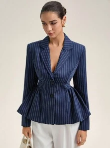 Revavyn 女式泡泡下摆翻领长袖条纹西装外套 - 藍色 - 查看 3