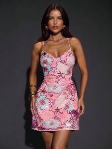 SHEIN BAE 秋季纯粉色纹理刺绣亮片迷你露背性感连衣裙、度假连衣裙、花卉刺绣连衣裙、优雅淑女连衣裙、沙滩裙、音乐节连衣裙、生日连衣裙、派对连衣裙、鸡尾酒会连衣裙、宴会连衣裙