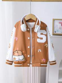 Casual Cute Capybara Print Young Girls Fleece Sweatshirt, Khaki Brown, Japanese Style, Front Pouch, Duck Print, Left Chest S Embroidery, Sleeve English Letter Print, Ribbed Collar & Cuffs & Hem, Long Sleeve Jacket, Suitable For Daily Wear, Outings, Travel, Vacation, Parties - Coffee Brown - View 3