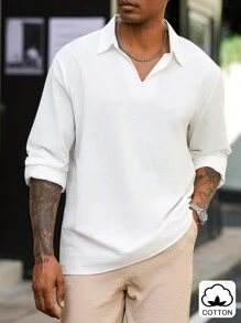 Manfinity Homme Men's V-Neck Long Sleeve Square Sword Collar Loose Fit Shirt Men Cotton Shirt White V Neck Top Men Men White Long Sleeve Shirt