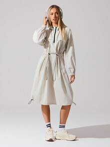 Menodora SHEIN Sport 女式长款抽绳连帽拉链夹克 - 杏色 - 查看 1