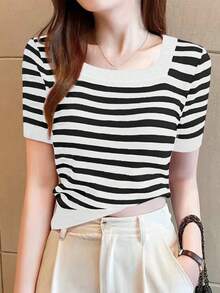 SHEIN Unity Áo thun nữ ngắn tay sọc tối giản giản dị - trắng - Xem 4