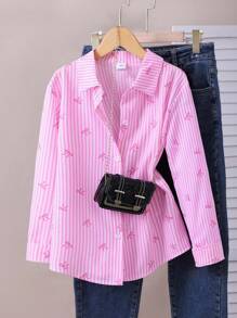 SHEIN Explorewe Y2K 风格女孩蝴蝶条纹印花经典衬衫，适合日常或学校穿着，可搭配牛仔裤、裙子或吊带背心，打造返校装