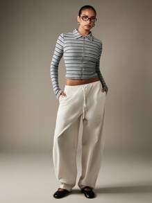 MISSGUIDED Ribbed Knit Zip Through Cardigan Crop Top Collared Long Sleeve Autumn Winter Retro Striped Fashion Preppy Style Y2K Modern Basic Essential - Grey - View 6