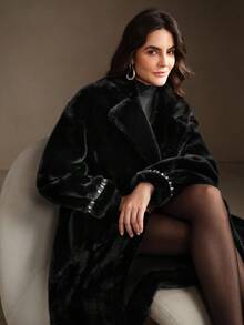 Anewsta Jaqueta de pele sintética de luxo feita à mão com gola de pele sintética de cristal e manga comprida para mulheres, adequada para outono/inverno, Natal, ano novo, festa, elegante, luxuosa, formal, chique, preta