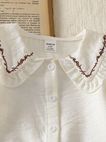 SHEIN Baby Girls' Embroidered Collar Blouse And Corduroy Suspender Pants 2pcs Set,Cute Vintage Fall Winter Clothes,Autumn Photoshoot All Shades Of Brown - Brown - View 5