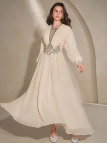 Anewsta 女士时尚新款性感镂空修身长袖水钻亮片优雅派对连衣裙 - 杏色 - 查看 7