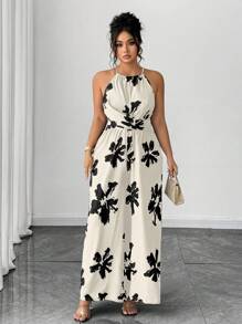 Elenzga Plus Size Women's Elegant Floral Print Halter Jumpsuit, Summer - White - View 4