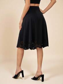 Amorya Scallop Laser Cut Hem Skirt Fall/Winter Women Clothes Back To School Modest Vintage Old Money Teacher Outfits For Women Airport Business Casual Woman Night Out Teacher Outfits For Women Church Outfits Women - Black - View 2