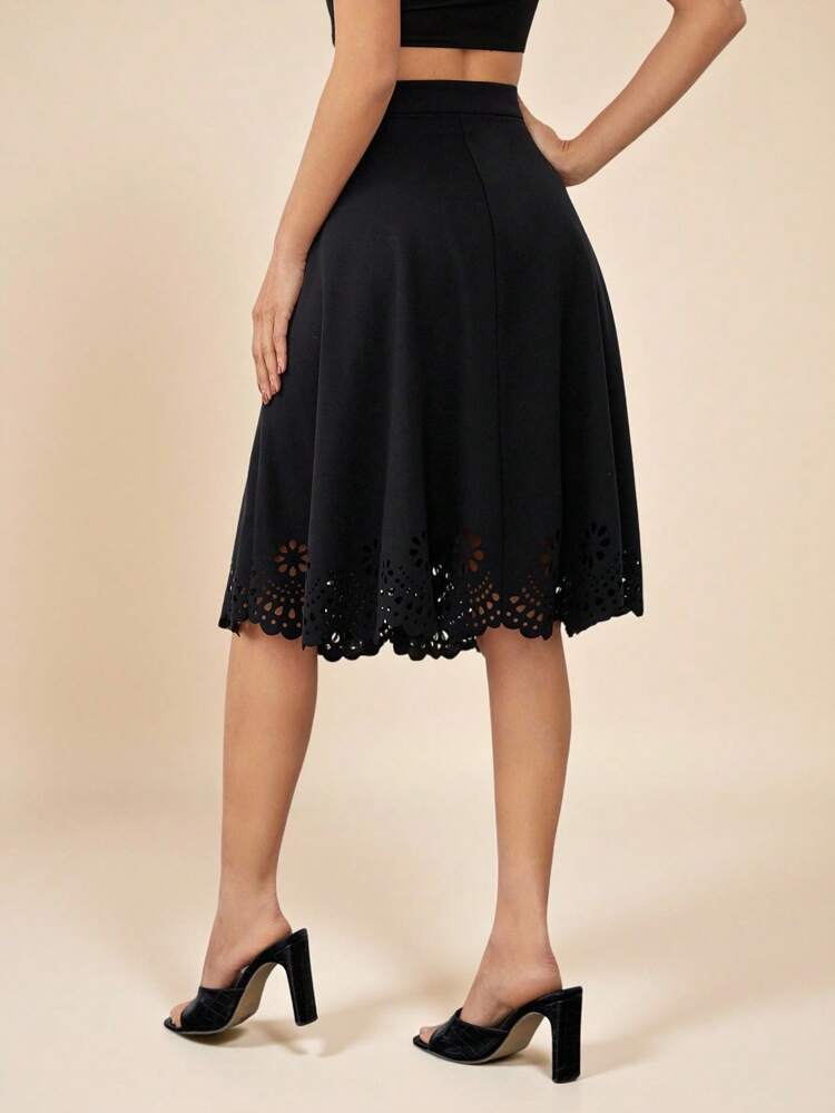 Scallop Laser Cut Hem Skirt, Fall/Winter Back To School Modest Vintage Old Money Teacher Airport Business Casual Woman Night Out Teacher Church Black Skirt Summer