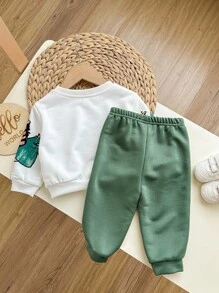 2 件套婴儿男孩/女孩休闲日常柔软可爱蜡笔动物印花圆领运动衫和松紧腰裤套装，适合外出、日常聚会、秋冬季 - 白色 - 查看 2