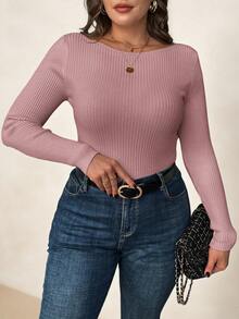 SHEIN Clasi Plus Size Women Crew Neck Long Sleeve Pullover Sweater, Basic Layering Top For Autumn/Winter - Dusty Pink - View 6