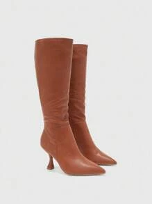 CUCCOO BIZCHIC Bottes mi-mollet à talon fin et bout pointu, de couleur unie et style minimaliste pour femmes - Tabac - Voir 6