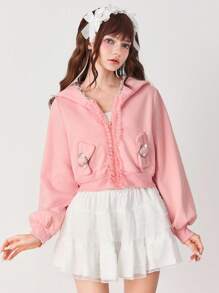 ROMWE EDITION Áo hoodie tai nơ trang trí màu sắc Kawaii ngọt ngào dễ thương cho nữ - Hồng - Xem 4