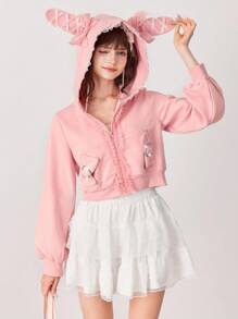 ROMWE EDITION Áo hoodie tai nơ trang trí màu sắc Kawaii ngọt ngào dễ thương cho nữ - Hồng - Xem 7