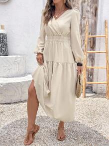 EMERY ROSE Rochie lungă casual de damă, cu mâneci bufante și decolteu în V, de culoare caisă - Caisă - Vizualizare 8