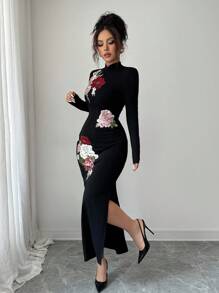 Elenzga 女士黑色立领修身旗袍连衣裙，优雅刺绣高端旗袍 - 彩色 - 查看 7
