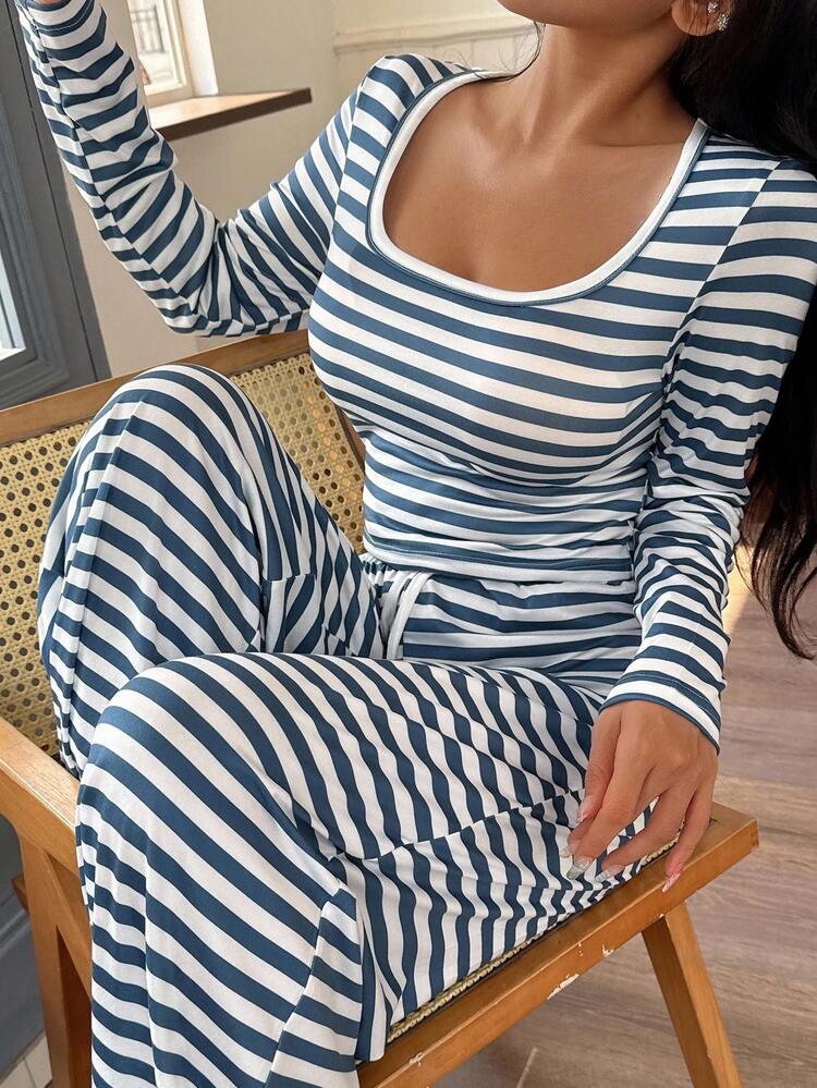 SHEIN 女士休闲条纹印花长袖上衣和裤子睡衣套装，秋季服装 - 藍色 - 查看 5