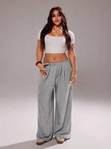 Rustia 大码女式休闲宽松阔腿运动裤，百搭美式街头风 - 灰色 - 查看 5