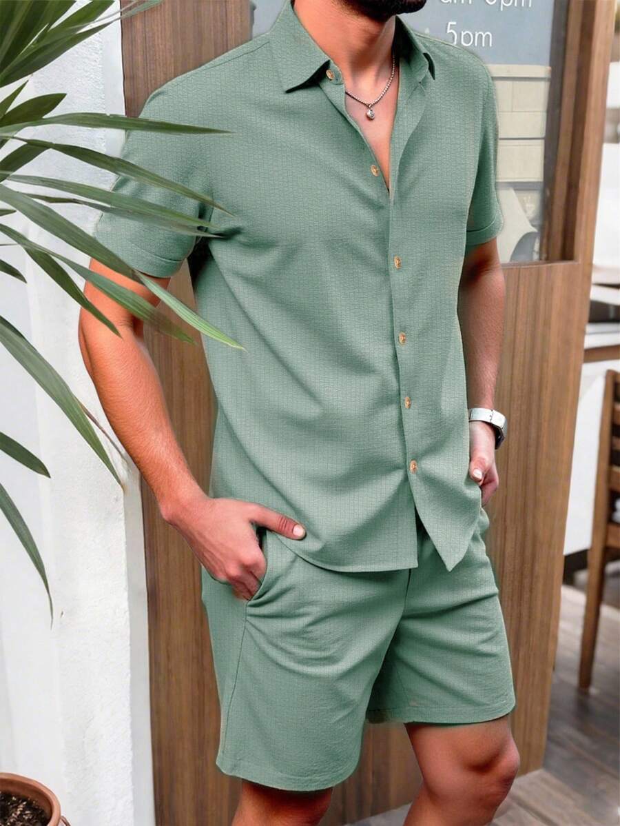 Manfinity RSRT 男士休闲度假短袖衬衫套装男士度假装男士夏装套装男士度假装男士沙滩装套装男士巡航服装。送给男朋友或丈夫的绝佳礼物。 - 薄荷綠 - 查看 1