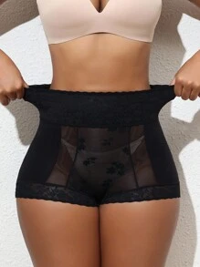 SHEIN Calça modeladora de renda retalhos feminina, elegante, sexy e confortável - Preto - Visão 5