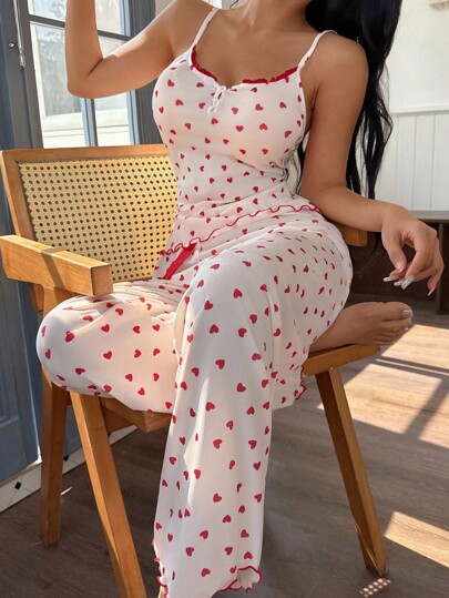 SHEIN Casual-Young Knitted Pajama Set With Heart Print And Spaghetti Straps For Women Heart Pajama Set Strawberry Pajama Set Heart Print Pajama Set Red Heart Pajamas Women Heart Pajamas  Cozy And Elegant Details