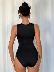 Islaluna Elegant Sexy Fashion Black Round Neck Sleeveless Bodysuit, Geometric Mesh Splice Slim Fit Knit Bodysuit For Women, Spring/Summer