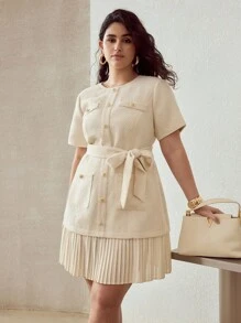 MOTF PREMIUM PLUS TWEED PLEATED HEM DRESS - Beige - View 6