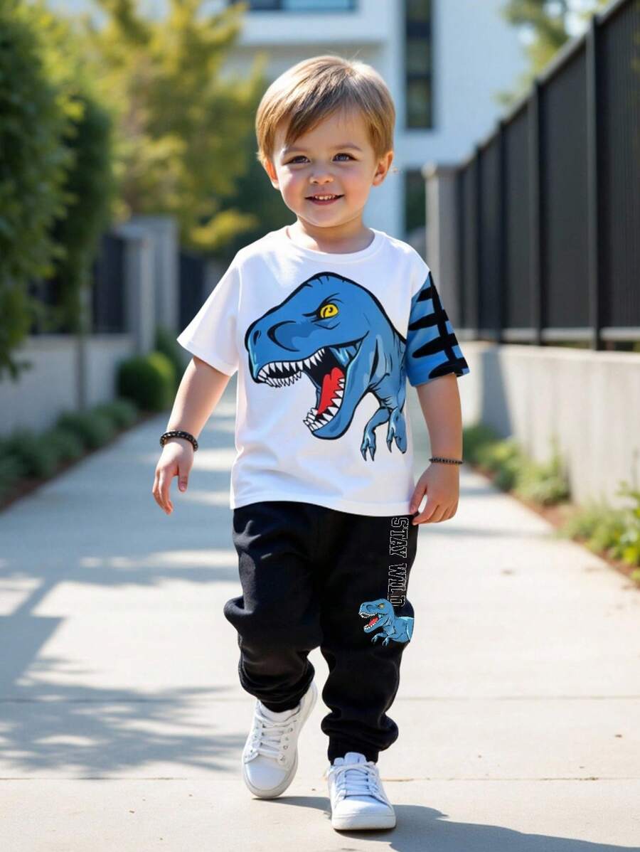 SHEIN 2 pièces/Set Style décontracté jeune garçon Vert militaire Dinosaure et Animal de bande dessinée blocs de couleurs Y2K Sportif Vacances Col rond Haut à manches courtes et Pantalon - Multicolore - Voir 1