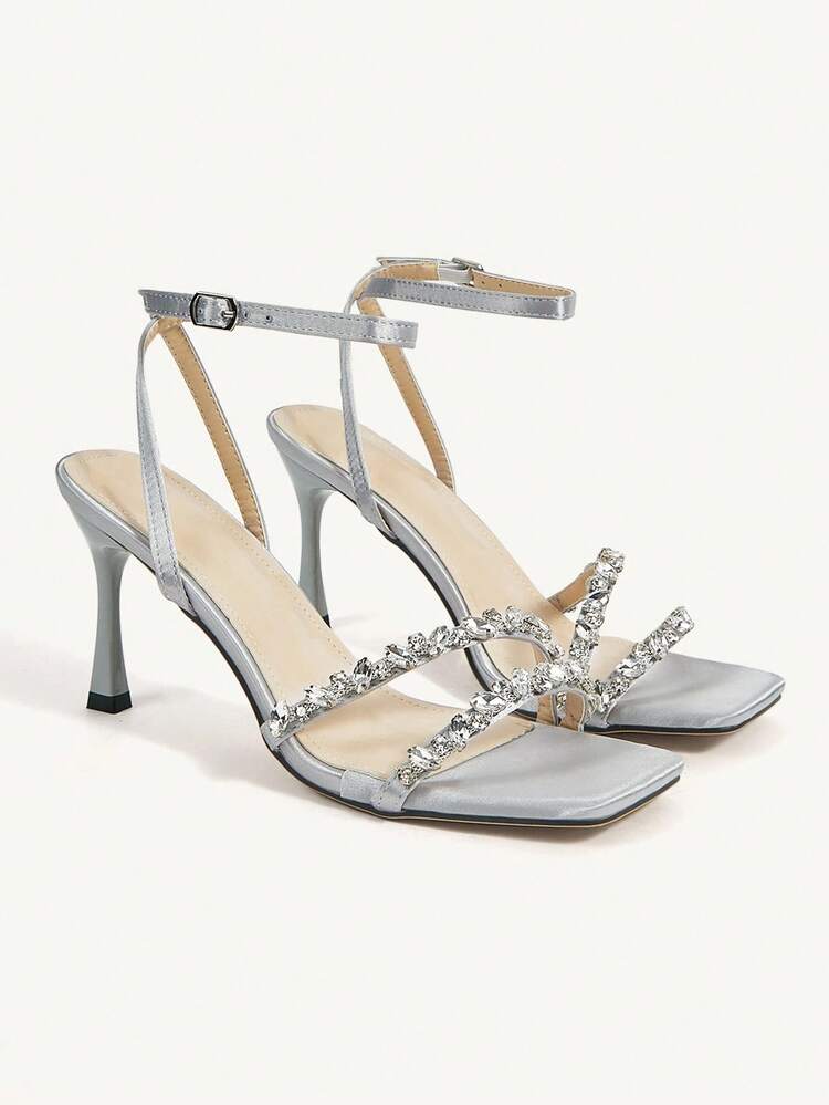 CUCCOO CHICEST Women's Silver Rhinestone Square Minimalist Strap Square Toe Stiletto Mid Heel Pumps, Elegant Casual Comfortable Slip-On Work Commute Dress Shoes, Pink Leather Sandals Suitable For Date, Party, Afternoon Tea, Formal Occasions For Christmas Elegant Shoes Wedding Shoes Summer Shoes Bride Shoes