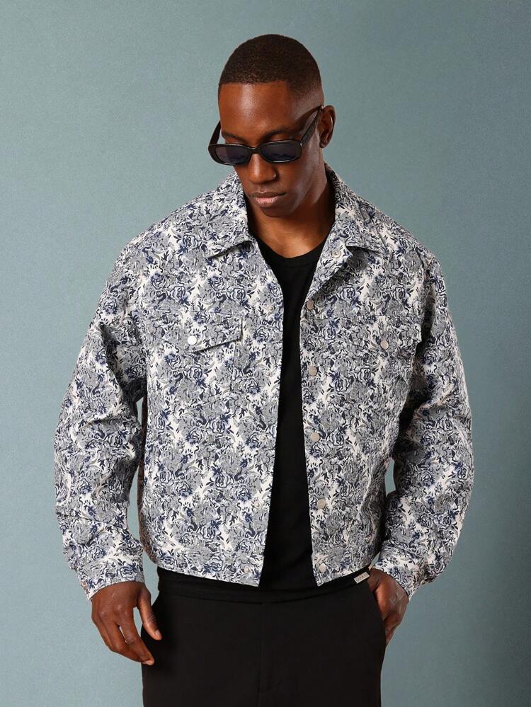 Tapestry Print Trucker Jacket With Button Closure And Side Pockets