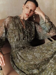 Arave 编织花卉印花圆领荷叶边饰 V 领长喇叭袖优雅休闲户外通勤度假女士连衣裙，春夏秋季 - 綠色 - 查看 2