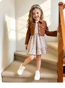 SHEIN 2pcs/Set Young Girls Casual Ditsy Floral Camisole Dress & Textured Brown Jacket, Autumn/Winter