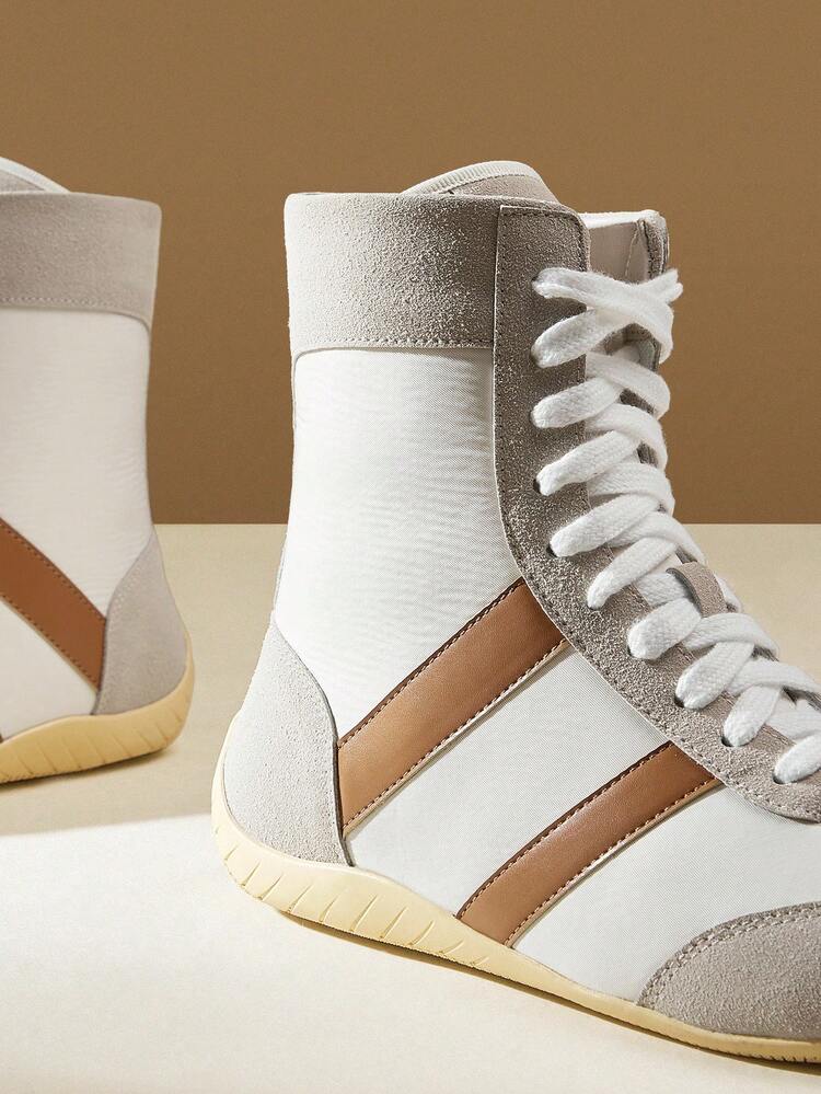 CUCCOO EASI Women's High-Top Lace-Up Round Toe Casual Sneakers, Gray & White PU Leather, Comfortable Sporty Shoes For Everyday Indoor & Outdoor Wear, Autumn/Winter
