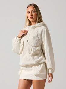 Menodora SHEIN Sport 女士休闲纯色梭织宽松长袖常规夹克 - 杏色 - 查看 4