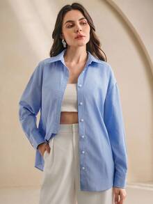 Anewsta Women's New Striped Long Sleeve Elegant Blouse Shirt - Blue - View 4