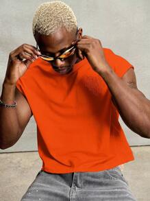 PAVTROS 男士街头风格流行 INS 搭配蜘蛛网和心形刺绣背心，宽松版型，男友/丈夫礼物，周年纪念礼物，适合万圣节 - 橘色 - 查看 3